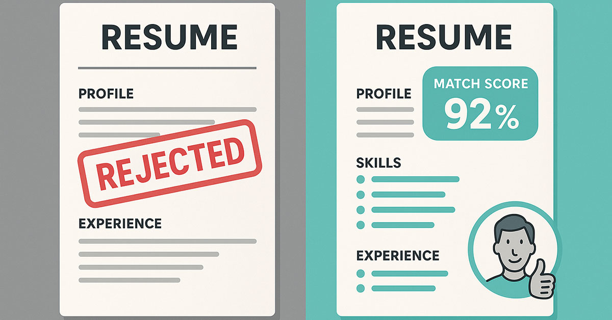 Before-and-after concept showing rejected and optimized ATS-friendly resumes.