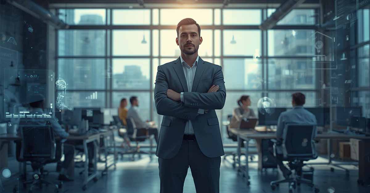 Professional standing confidently in a modern office amid AI-powered tools and layoffs, symbolizing resilience and adaptation in the age of AI layoffs 2025.